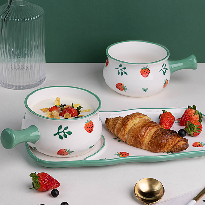 ezicok cute bubble bowl ceramic tableware kit household Japanese breakfast plate simple soup bowl with handle noodle bowl