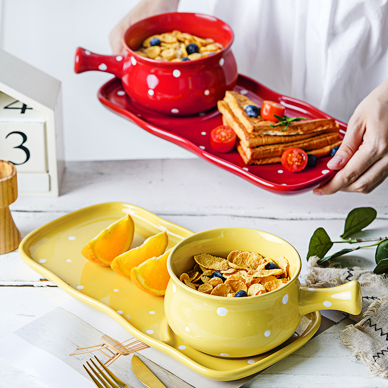 ezicok salad bowl home creative soup noodle bowl personality breakfast cutlery ceramic noodle bowl cute wave point handle bowl
