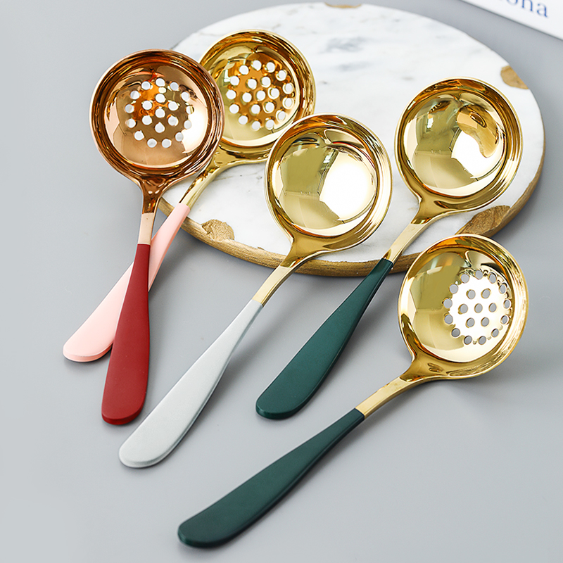 ezicok soup spoon 304 stainless steel leaking spoon Home minimalist Spoon Creativity Long Handle Round Spoon Han Style Soup Crust Spoon