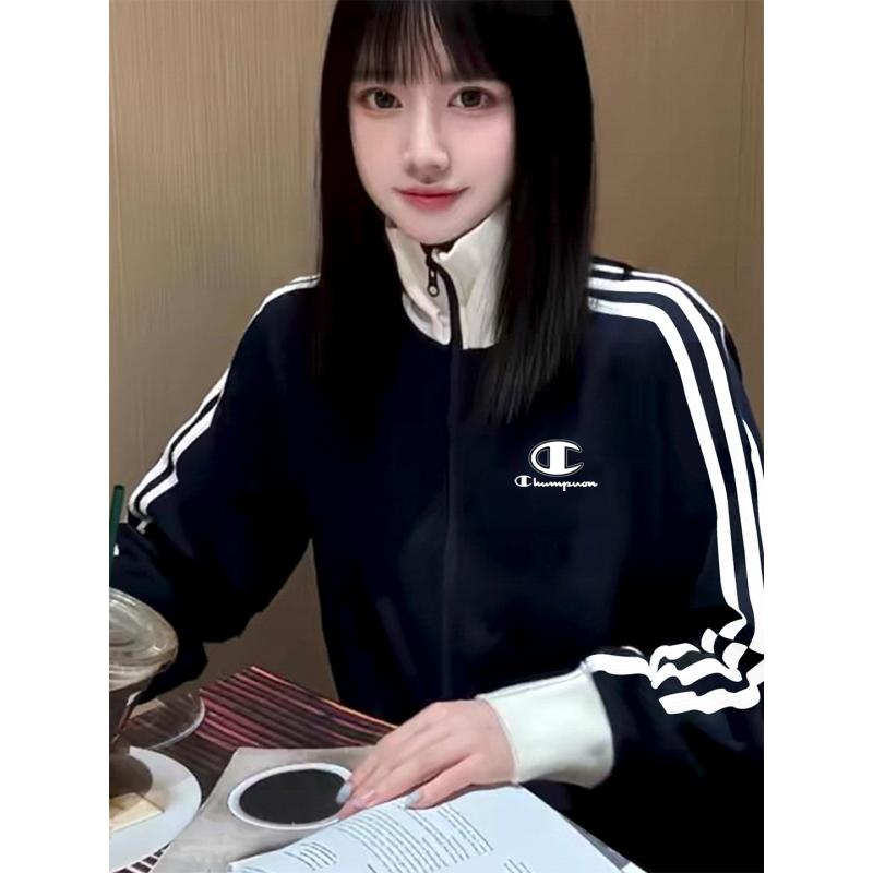 Season Champion Cardigan Jacket for Women, Spring and Autumn Loose Fit College Sweatshirt with Three Stripes, Stand Collar Baseball Jacket, Couple's Jacket, Trench Coat