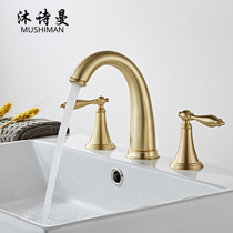 Nordic simple brushed gold three-hole hot and cold water faucet split all copper bathroom wash basin basin faucet Gold light