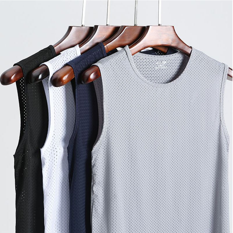 Ice silk mesh vest men's summer thin breathable quick-drying hurdle sports fitness vest stretch sleeveless T-shirt