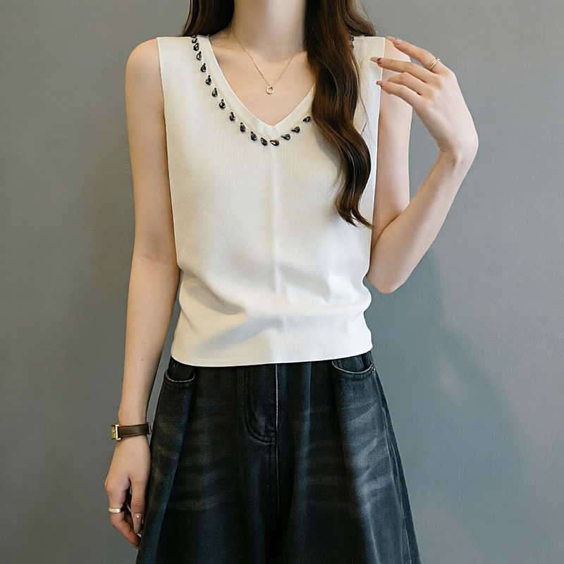 Shenzhen Nanyou High-End Cut-Label French V-Neck Sleeveless Knitted Vest for Women, Heavy Beading, Slimming Base Shirt Top