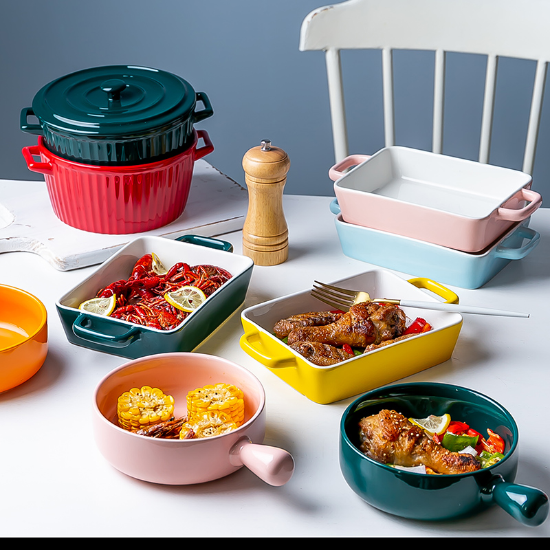 Ceramic baking oven baked rice baking tray with shank baking bowl tray Home creative mesh red cutlery Bread Bowl Breakfast Salad Bowl