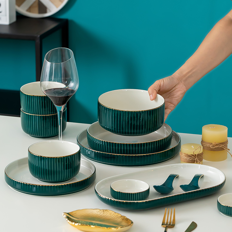 Nordic net red tableware household bowls and dishes set bowls bowls and chopsticks plates creative ceramic eating bowls single soup bowls