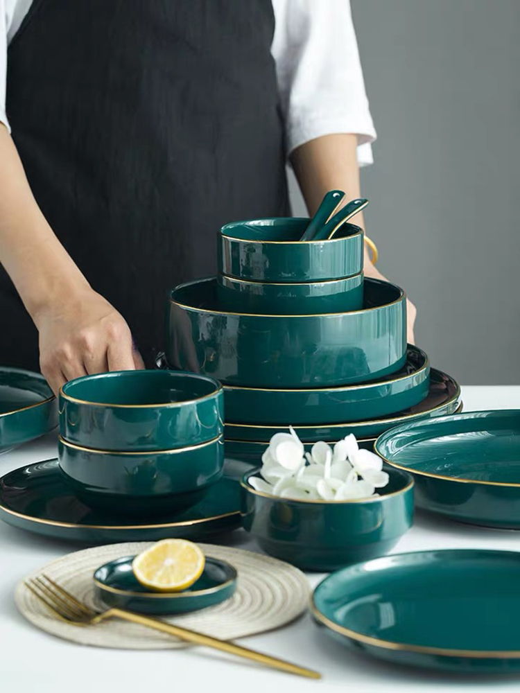Bowl and dish set Nordic style emerald ceramic creative personality household dishes and chopsticks net red ins light luxury tableware