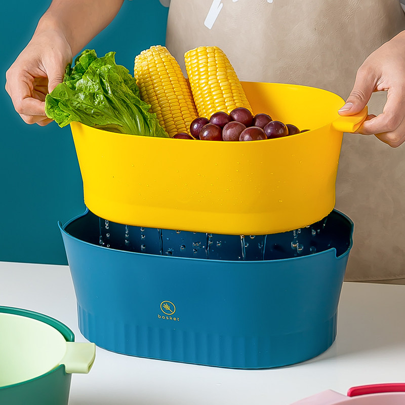 Creative Double Layer Plastic Drain Basket Kitchen Wash Vegetable Basket Naughty Basket Fruit Basin Fruit Tray Containing Basket Wash Basin