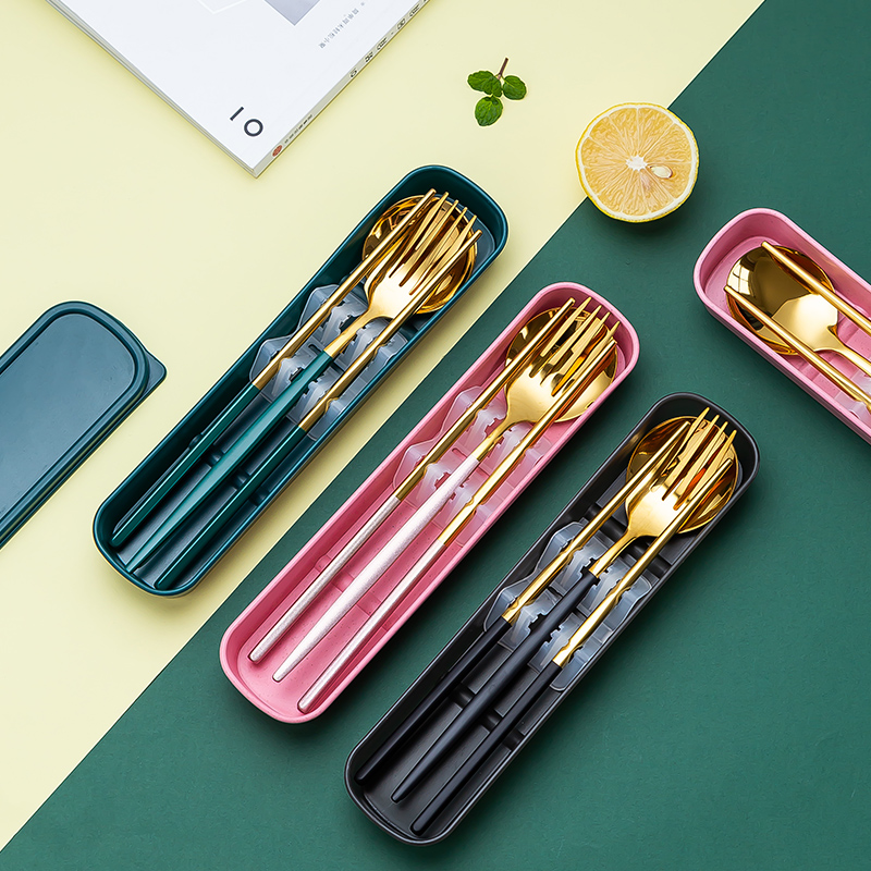 Chopsticks Spoon Fork Suit Portable Cutlery Three Sets Students Solo travel outside with chopsticks spoon fork containing box