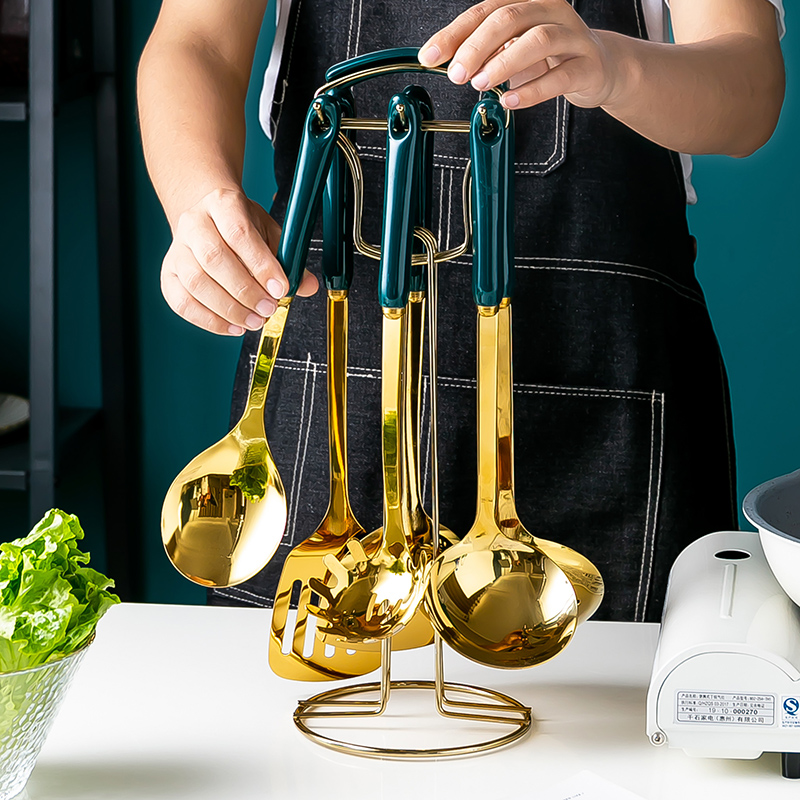 Nordic light luxury emerald kitchen full set of ceramic anti-scalding handle shovel spoon cooking spoon kitchen utensils package