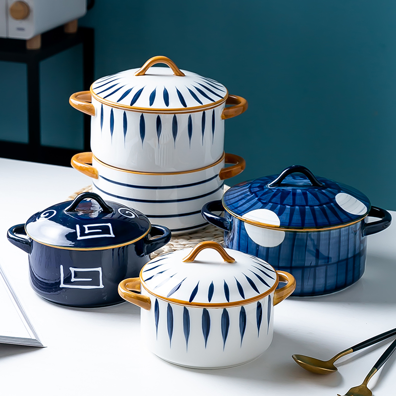 Double ear with lid large soup bowl Ceramics Home Nordic Creative Day Style Cutlery Large Bowl of Blister Noodles Bowl bowl Bowl Bull's Bowl Big