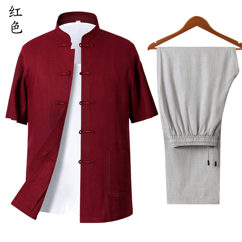 Mùa hè trung niên già Tang nam ngắn tay phù hợp với grandpa lanh bông quần áo Trung Quốc gió nam lanh cha quần áo mùa hè