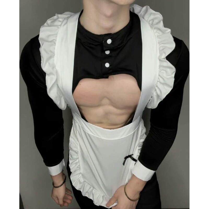 Hollow-Out Three-Piece Maid Outfit, Sexy Two-Dimensional Cute Male Servant Cosplay Uniform, Fitness Outfit, Bellyband for Men