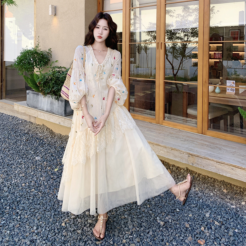 French Lantern Sleeve Embroidered Plus Size Dress for Women, Summer Fake Two-Piece Long Dress, Gentle and High-End Loose Mesh Long Dress French Lantern Sleeve Embroidered Plus Size Dress for Women, Summer Fake Two-Piece Long Dress, Gentle and High-End Loose Mesh Long Dress