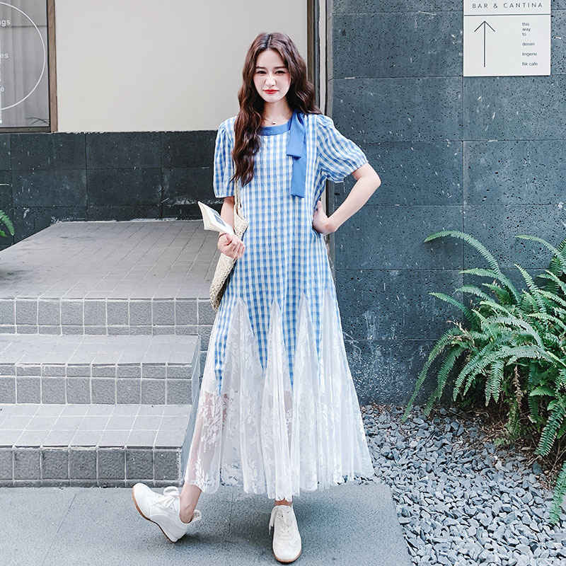 Plus Size Girly Blue Plaid Splicing Lace Dress Women's Summer 2025 New Style Unique Beautiful Slim Long Skirt