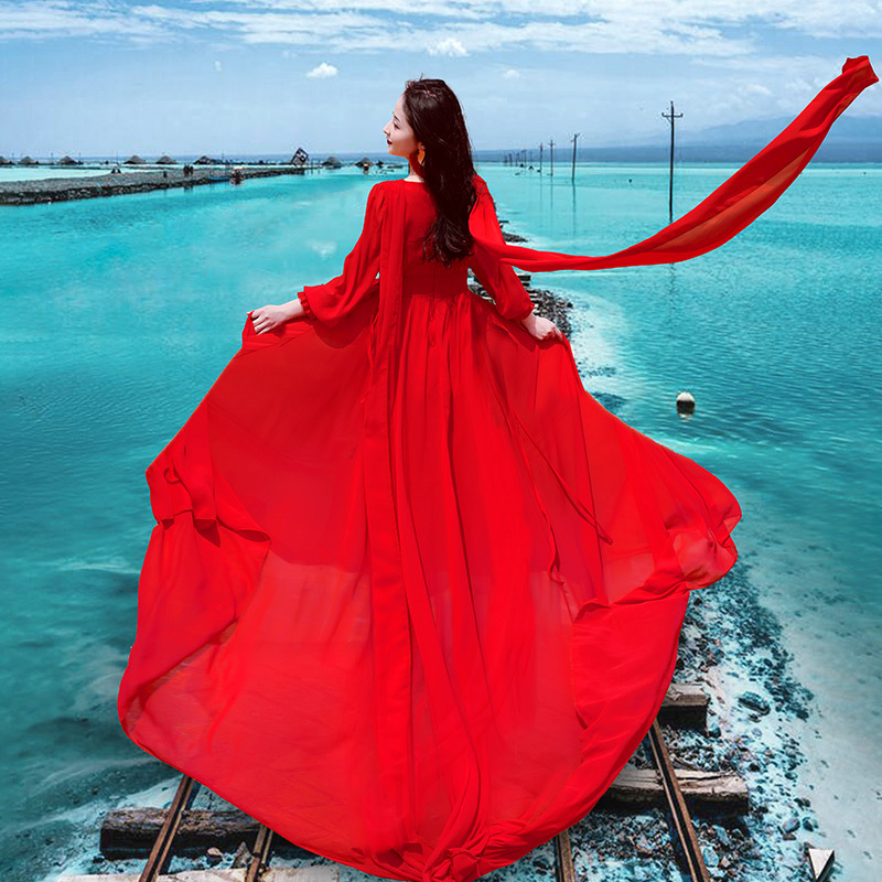 Dali Erhai Lake, Lijiang Travel, Beach Dress for Women, Vacation Photo Outfit, Dali Long Dress, Red Floor-Length Dress