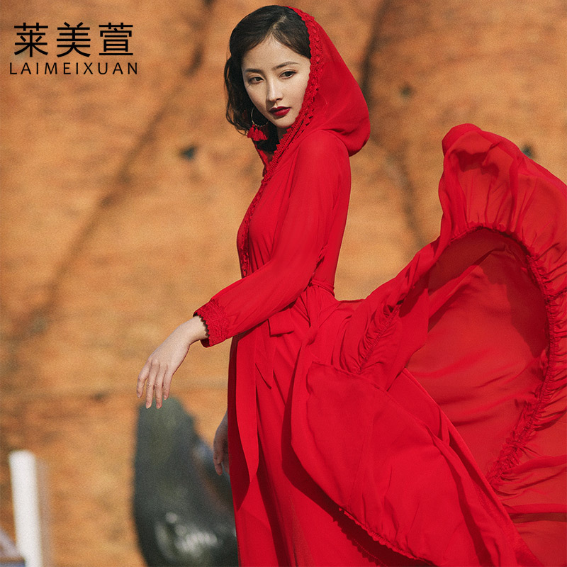 Qinghai Lake Big Red Vintage Dress Travel Long Skirt Desert Vacation Beach Dress Women's Seaside Exotic Style