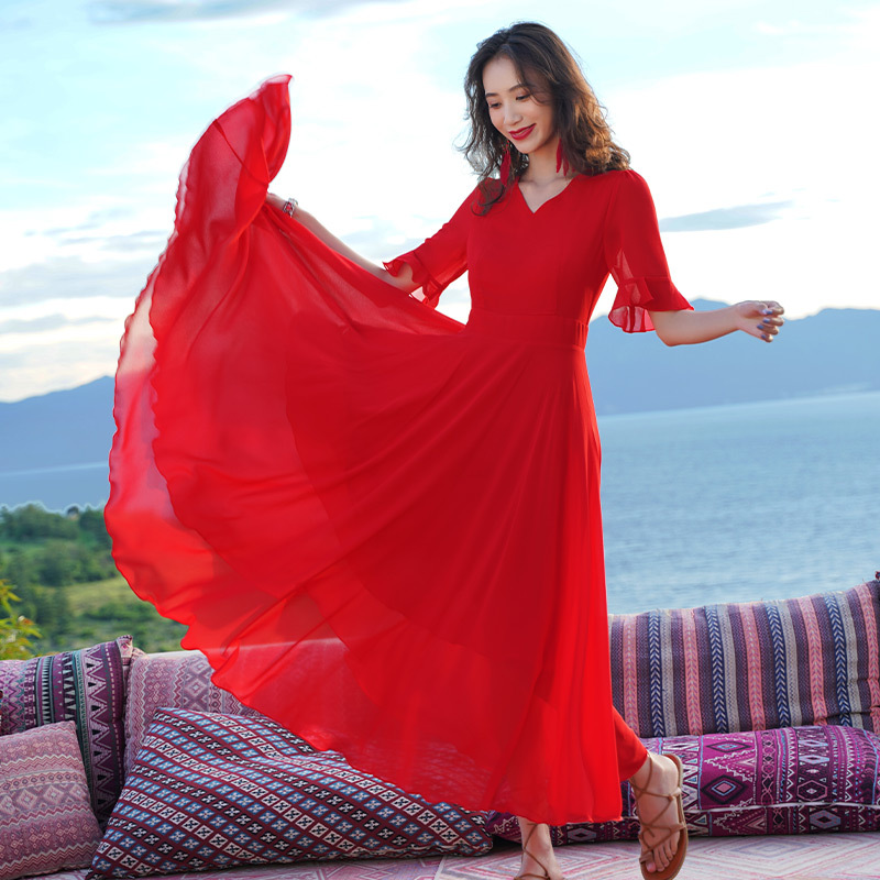 Big Red Dress for Women, Yunnan Vacation Travel Photography, Desert Red Dress, Plus Size Long Dress, Chaka Salt Lake One-Piece Dress