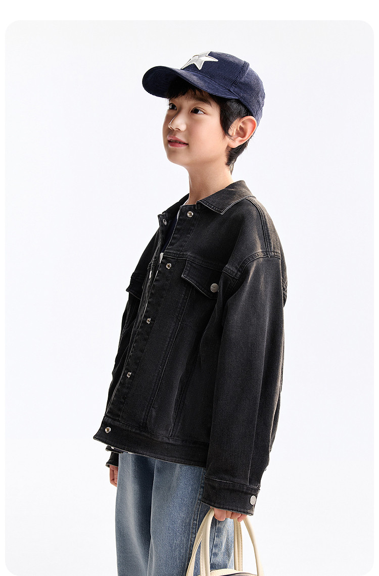 Детская куртка Жан 安奈儿童装男童女童牛仔外套2025秋高弹莱卡牛仔挺阔按扣设计廓形 Annil