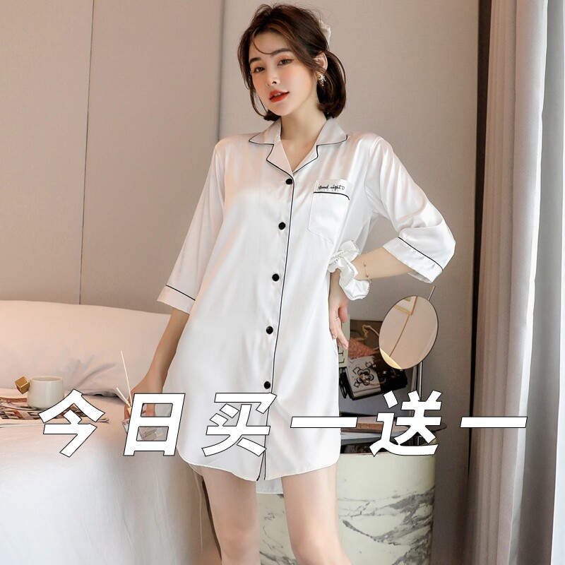 New Sleeping Dress Woman Summer Short Sleeve Shirt Style Sexy Dress Ice Silk Thin Spring Autumn sexy Silk Home Sleeping Clothes
