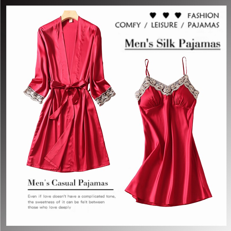 Sleepgownwoman summer ice wire sexy red wedding dress spring and autumn new wedding dress bride morning robe wedding bride Al