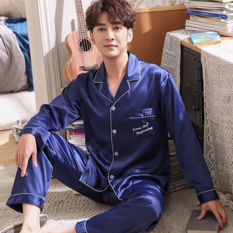 Autumn and winter men's pajamas long sleeve trousers Ice Silk thin men's summer Korean version plus size simulation silk home clothes