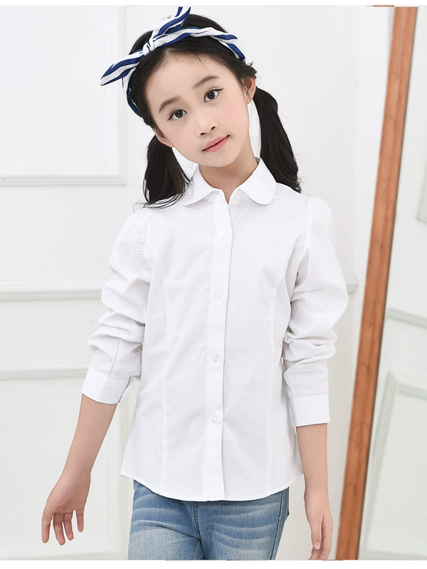 Trẻ em cộng với áo sơ mi nhung trắng nữ cotton dài tay dày ấm 2018 mới áo sơ mi trắng đồng phục tiểu học và trung học sơ mi trắng cho bé trai