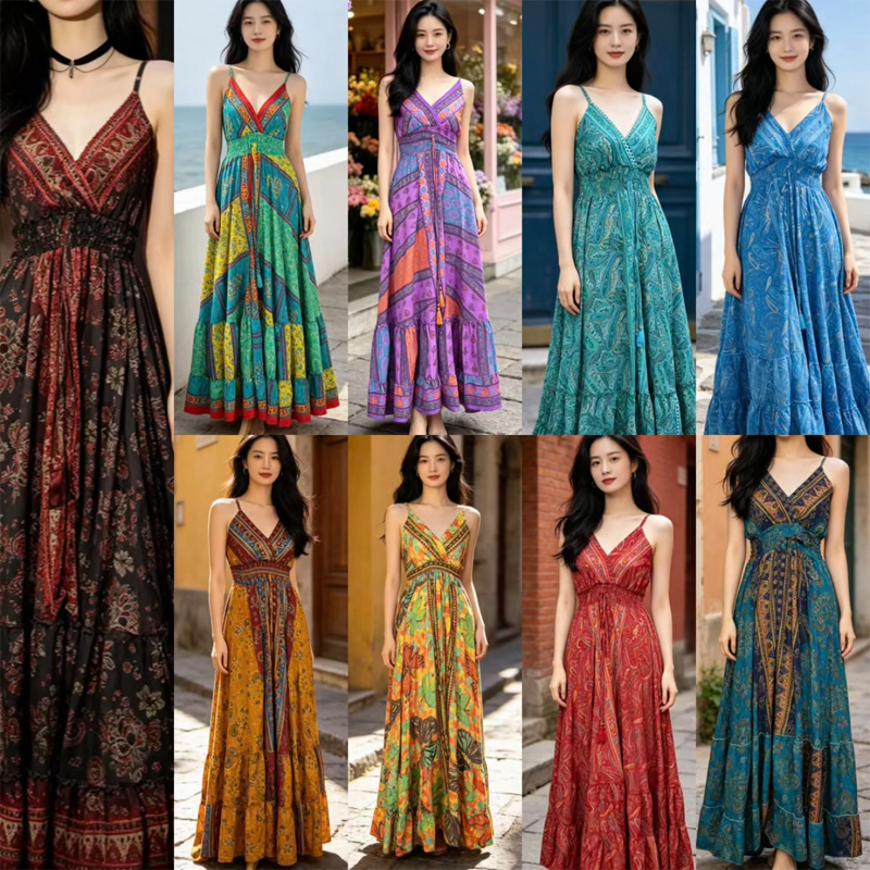 A1-Indian Plant Silk Gold Foil Print Xinjiang Exotic Retro Vacation Slip Dress A1-Indian Plant Silk Gold Foil Print Xinjiang Exotic Retro Vacation Slip Dress