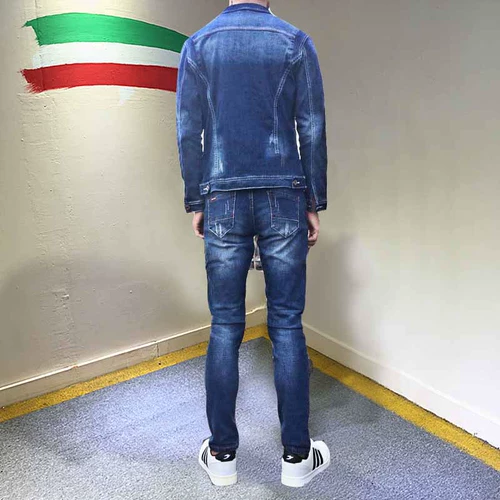 Джинсовый комплект, трендовая мужская осенняя куртка, в корейском стиле, облегающий крой, коллекция 2023