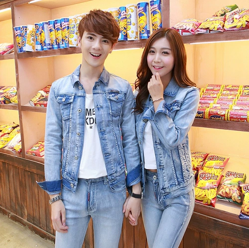 Джинсовая парная одежда для влюбленных, комплект подходит для мужчин и женщин, эластичная трендовая осенняя куртка, в корейском стиле