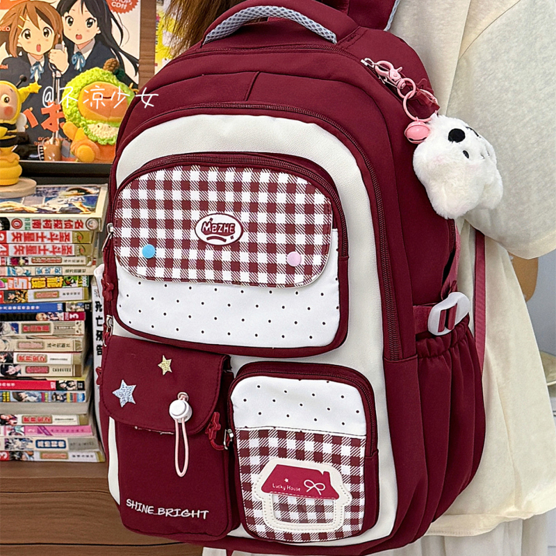 College-Style Burgundy Plaid Backpack for Elementary School Students in Grades Three to Six, Large-Capacity Backpack for Junior High School Girls College-Style Burgundy Plaid Backpack for Elementary School Students in Grades Three to Six, Large-Capacity Backpack for Junior High School Girls