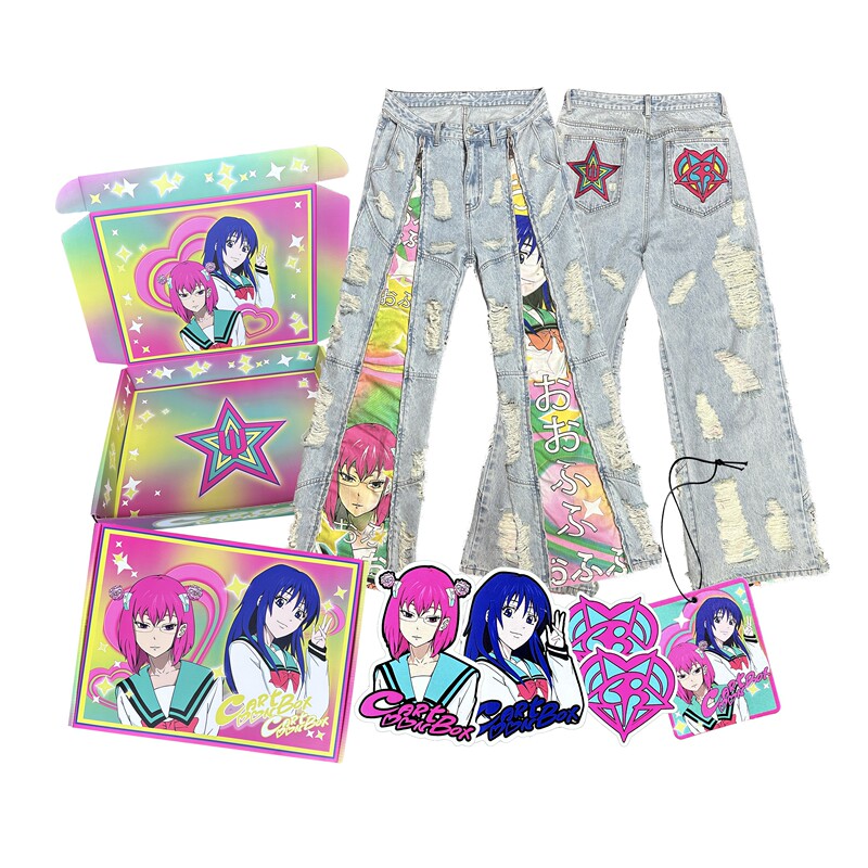 Cartoonbox Two-Dimensional Washed Distressed Double-Ended Zipper Heavy Print Jeans Cartoonbox Two-Dimensional Washed Distressed Double-Ended Zipper Heavy Print Jeans