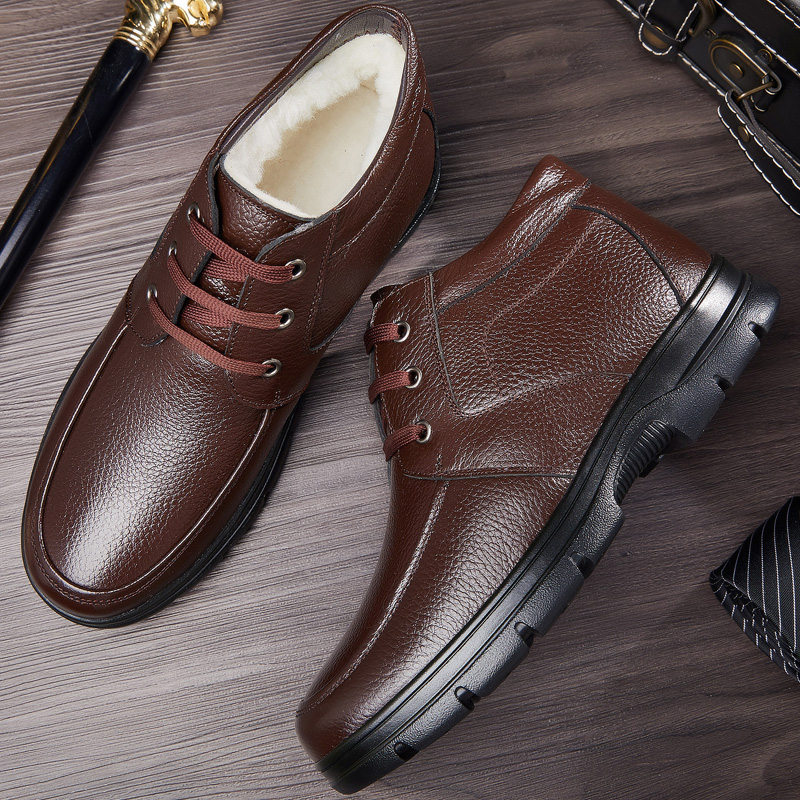 2877 Lace Up BrownMiddle aged and elderly cotton-padded shoes male winter keep warm Plush thickening wool old man leather shoes non-slip the elderly dad genuine leather Men's Shoes