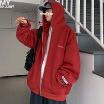 2022 Spring loaded with large red pure color cardiovert sweatshirt male Gats up for overweight and fat people loose sports even hoodie jacket