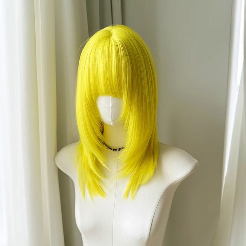 High-Quality Japanese Lolita Lemon Yellow Playful and Cute Cos Medium-Long Hair Jk Full Wig Set