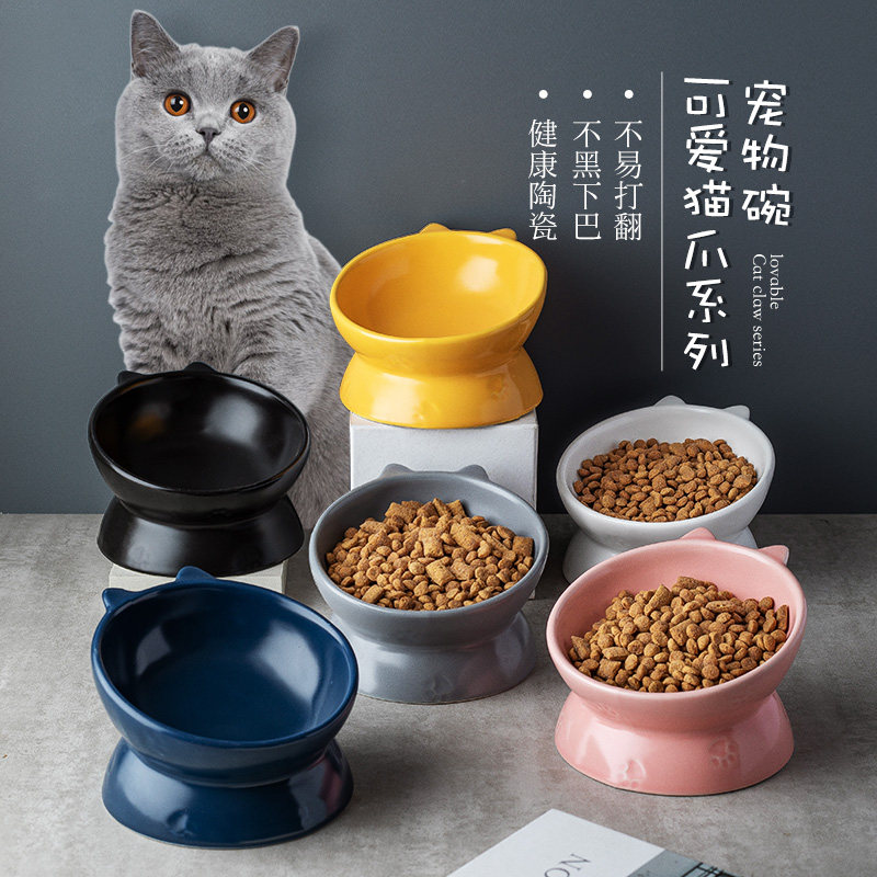 Cat Bowl Pet Food Basin Cat Rice Bowls Medium Ceramic Cat Ear Pitched Bowl anti-overturning to protect the cervical against black chin