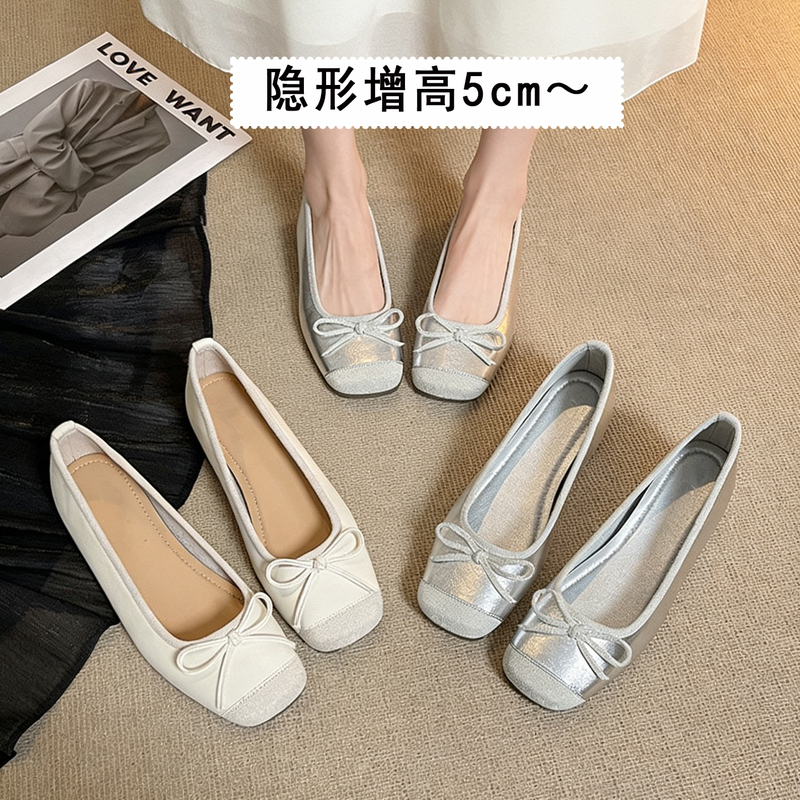 Cowhide Version of Women's Versatile Commuting Soft Leather Slip-On Flat Shoes with Bowknot and Square Toe, Suitable for Petite Individuals
