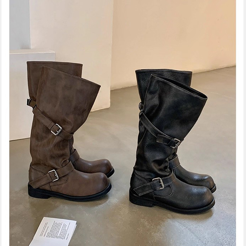 Zhang Yunying Style Genuine Leather Vintage Brown Wide-Leg Riding Boots with Thick Soles and Height-Increasing Design for Women