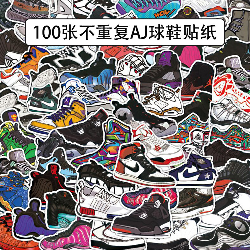 100 pieces of aj sneakers suitcase stickers trendy brand waterproof European and American personality suitcase stickers men's computer wall decoration