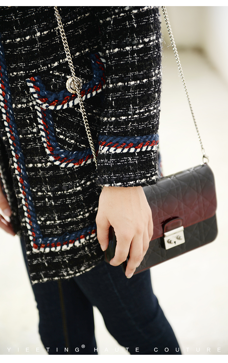YIEETING mùa thu và mùa đông đen dệt vải tweed cổ tròn Slim giữa chiều dài nhỏ hương gió len áo khoác nữ - Accentuated eo áo áo khoác dài nữ hàn quốc