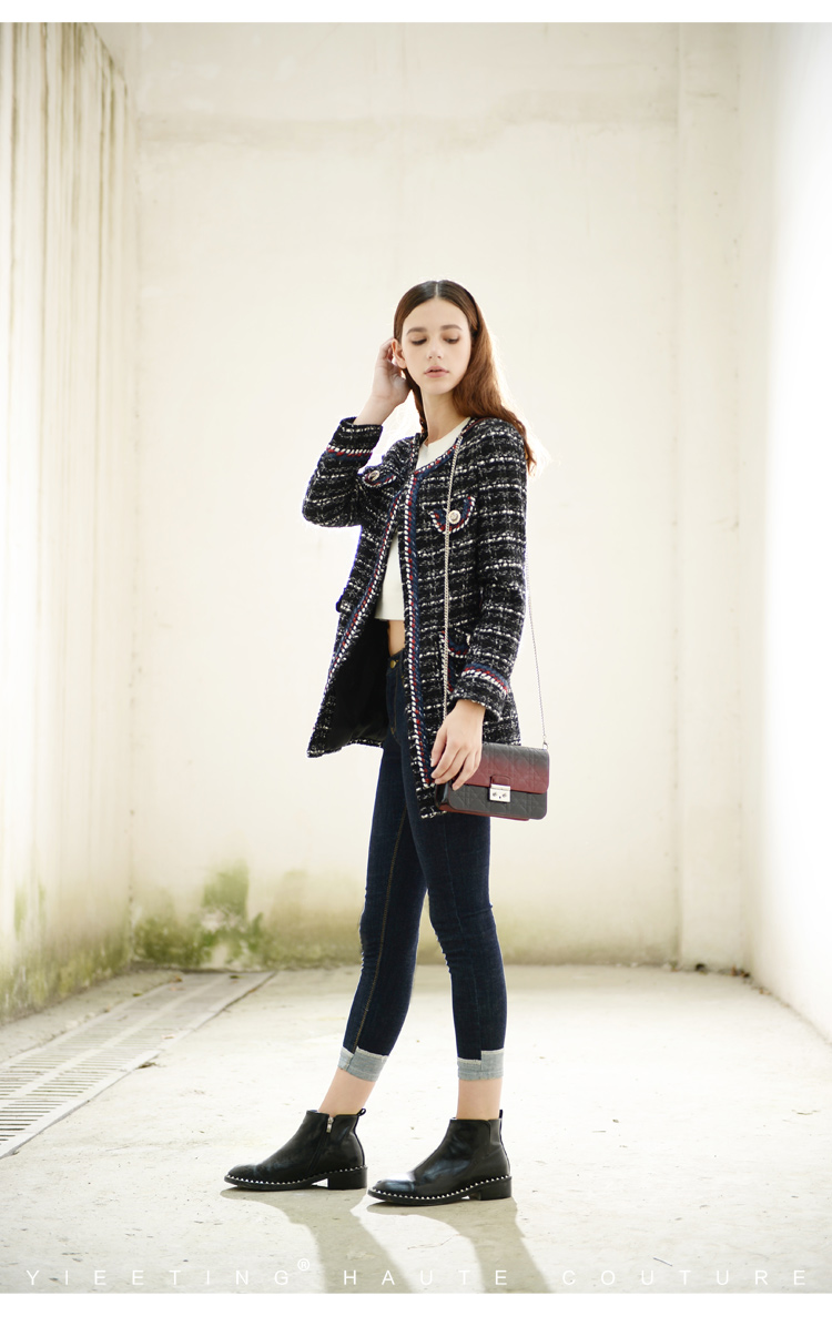 YIEETING mùa thu và mùa đông đen dệt vải tweed cổ tròn Slim giữa chiều dài nhỏ hương gió len áo khoác nữ - Accentuated eo áo áo khoác dài nữ hàn quốc