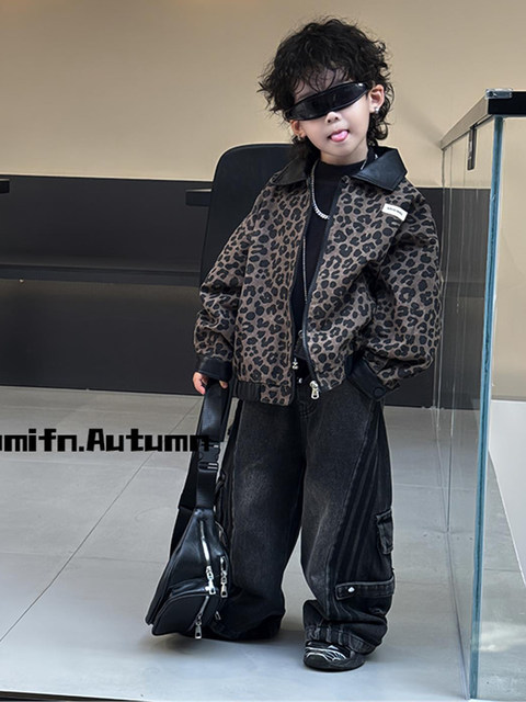 French Children's Clothing Boys' Autumn Leopard Print Leather Jacket 2025 New Stylish Children's Jacket Handsome Boys' Top