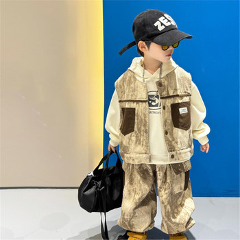 French Boys' Tie-Dye Vest Three-Piece Set, Spring and Autumn 2025 New Style, Trendy and Cool Children's Hooded Sweatshirt Set