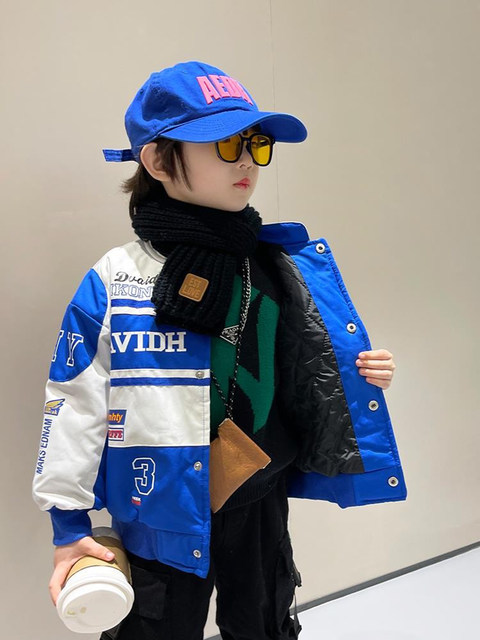 French Boys' Cotton-Padded Racing Jacket for Winter 2025, New Thickened Warm Coat for Children, Boys' Cotton Clothing