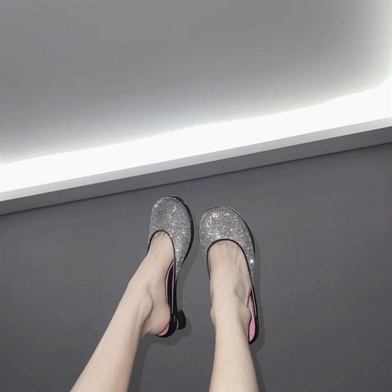 Deficit in Qingkang Girl's Heart Pink Water Drill Kitten and Coarse Heels Ugly with Baotou Ugly Heels and Semi Cool Slippers female