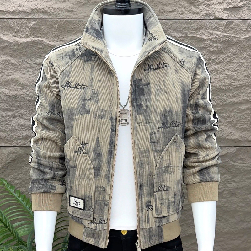 Spring and Autumn New Printed Fleece-Lined Men's Stand Collar Jacket Trendy Versatile Slim-Fit Top Casual Fashion Camouflage Coat