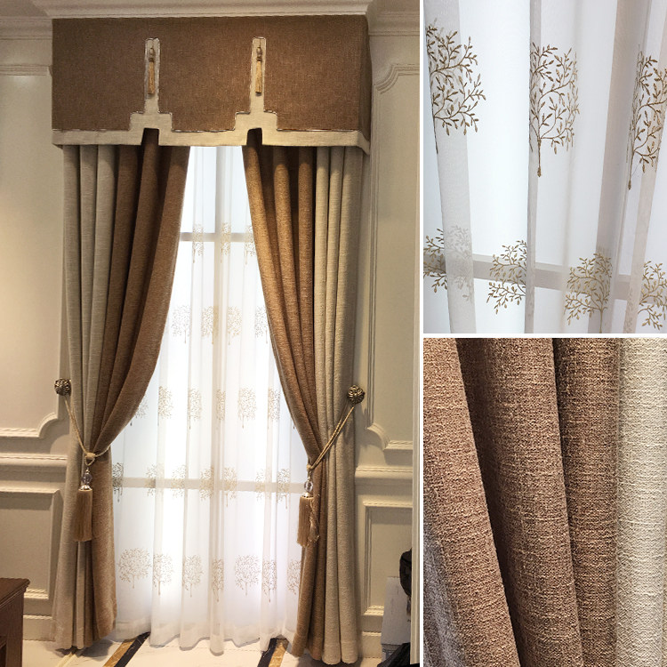 Modern minimalist cotton linen Chinese brown Shanghai curtains Custom Living room Bedroom frescoed shading floating window floor curtains