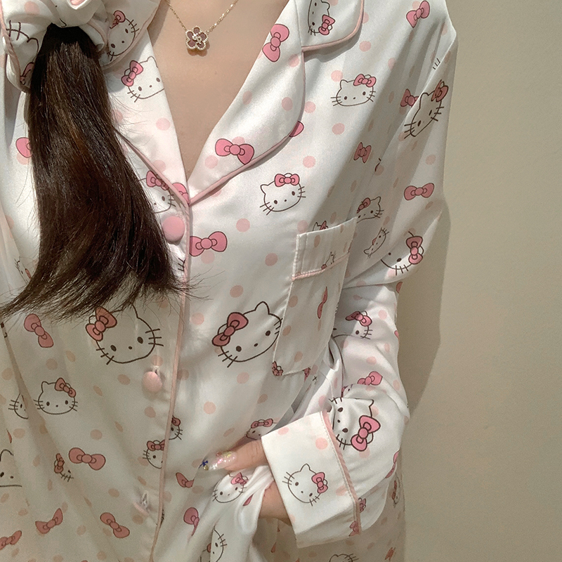 ハローキティ パジャマ レディース 春 秋 夏 アイスシルク ロング 半袖 キュート シルク 2025年新作 夏服