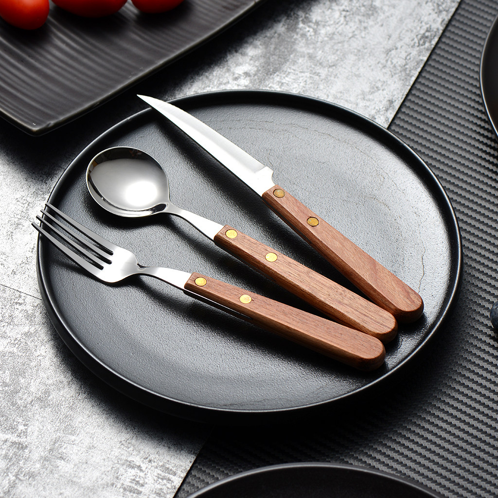Festive Flowers Pear Solid Wood Western Dining Knife Fork Spoon 304 Stainless Steel Western Dining Cutlery Sets Home Wood Handle Knife Fork Spoon