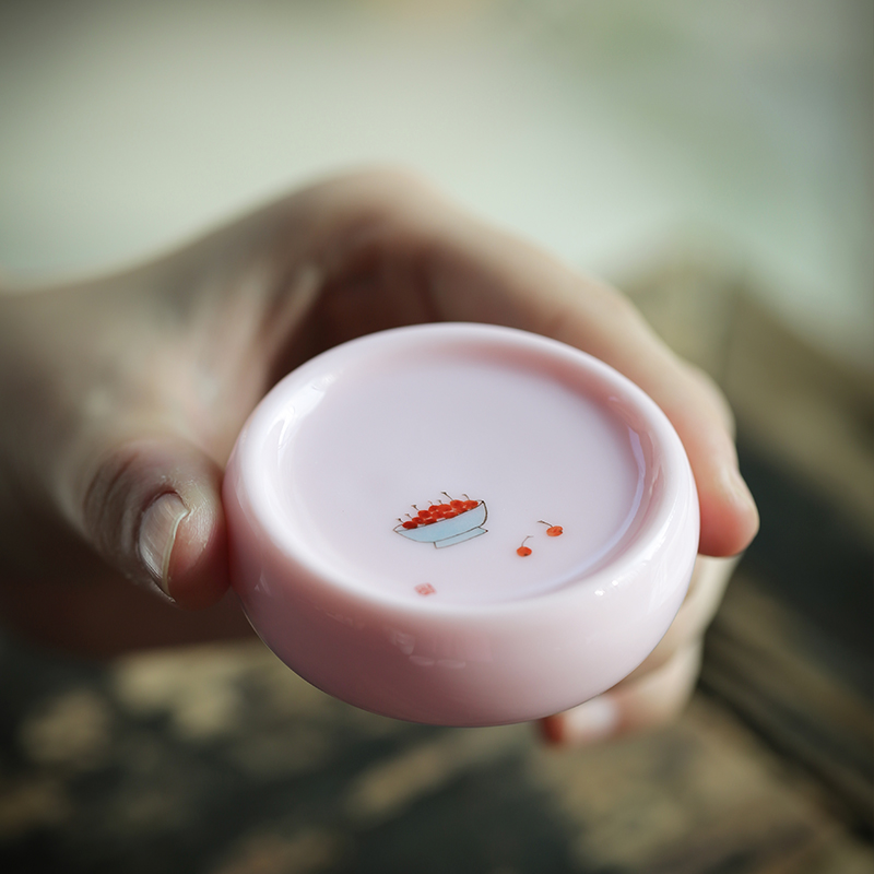 Shangfang hand-painted glazed cherry blossom clay ceramic cover set Pink tea tray coaster Tea ceremony accessories