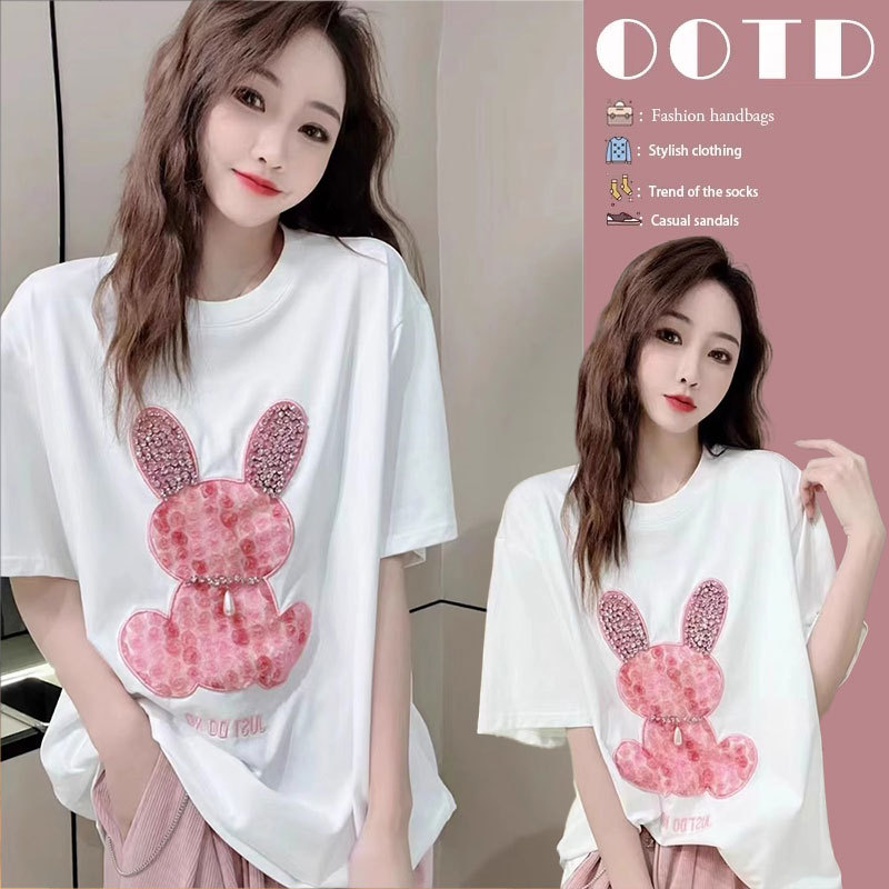 European-Style Heavy-Duty Rabbit Rhinestone Short-Sleeve T-Shirt for Women, Mid-Length, 2024 Summer, Loose Design, Trendy Women's Top